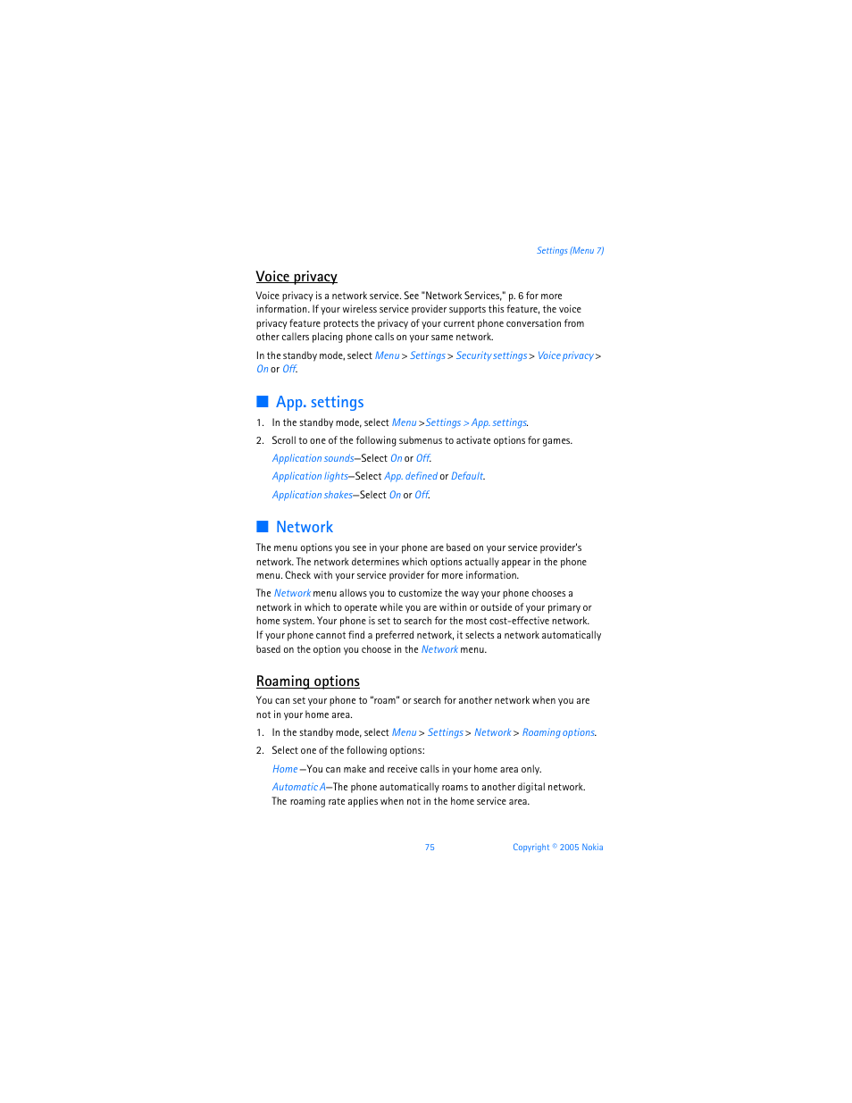 Roaming options," p. 75, App. settings, Network | Voice privacy, Roaming options | Nokia 6256i User Manual | Page 76 / 123