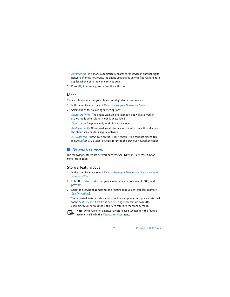 Network services, Mode, Store a feature code | Nokia 6256i User Manual | Page 77 / 123