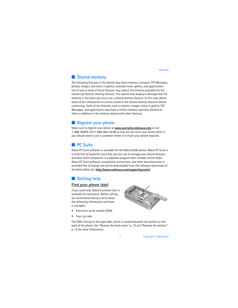Register your phone, Pc suite, Getting help | Find your phone label | Nokia 6256i User Manual | Page 8 / 123