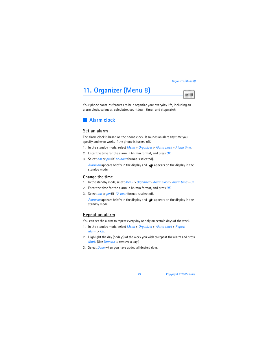 Organizer (menu 8), Alarm clock," p. 79, Alarm clock | Set an alarm, Repeat an alarm | Nokia 6256i User Manual | Page 80 / 123
