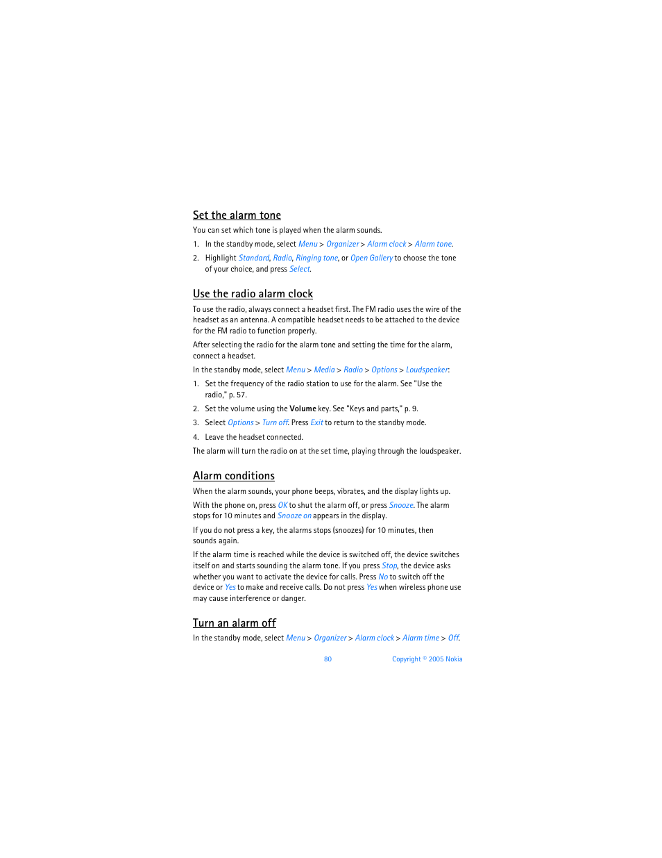 Set the alarm tone, Use the radio alarm clock, Alarm conditions | Turn an alarm off | Nokia 6256i User Manual | Page 81 / 123