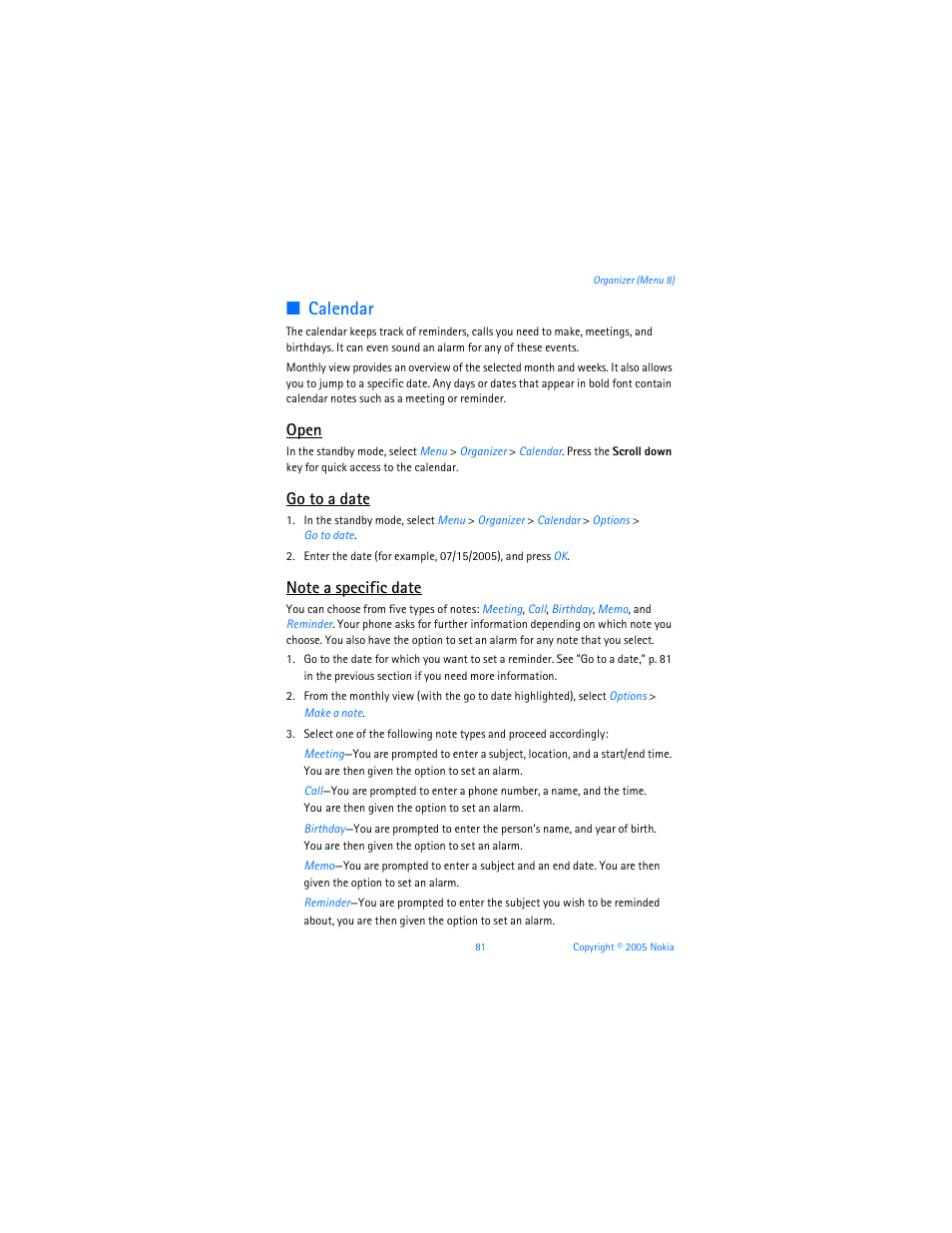 Calendar, Open, Go to a date | Nokia 6256i User Manual | Page 82 / 123