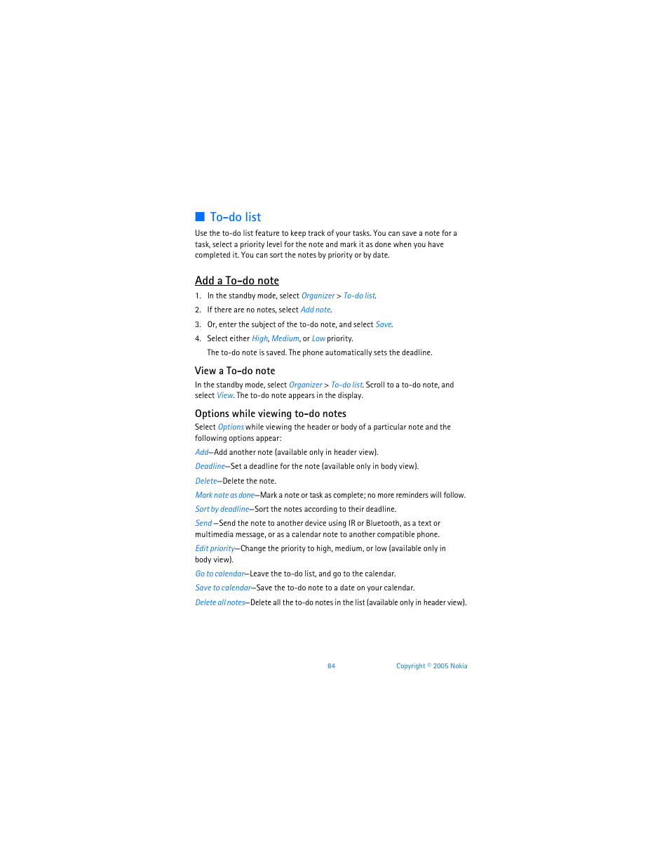 To-do list | Nokia 6256i User Manual | Page 85 / 123