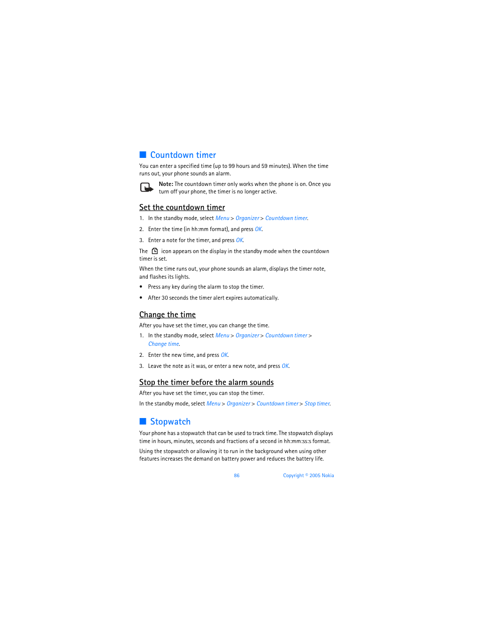 E "countdown timer," p. 86, Stopwatch," p. 86, Countdown timer | Stopwatch, Set the countdown timer, Change the time, Stop the timer before the alarm sounds | Nokia 6256i User Manual | Page 87 / 123