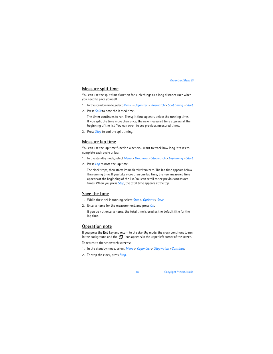 Measure split time, Measure lap time, Save the time | Nokia 6256i User Manual | Page 88 / 123