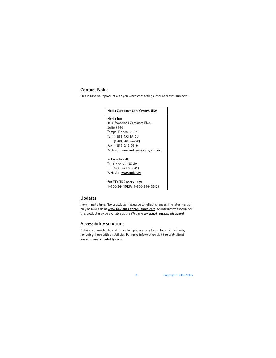 Contact nokia, Updates, Accessibility solutions | Nokia 6256i User Manual | Page 9 / 123