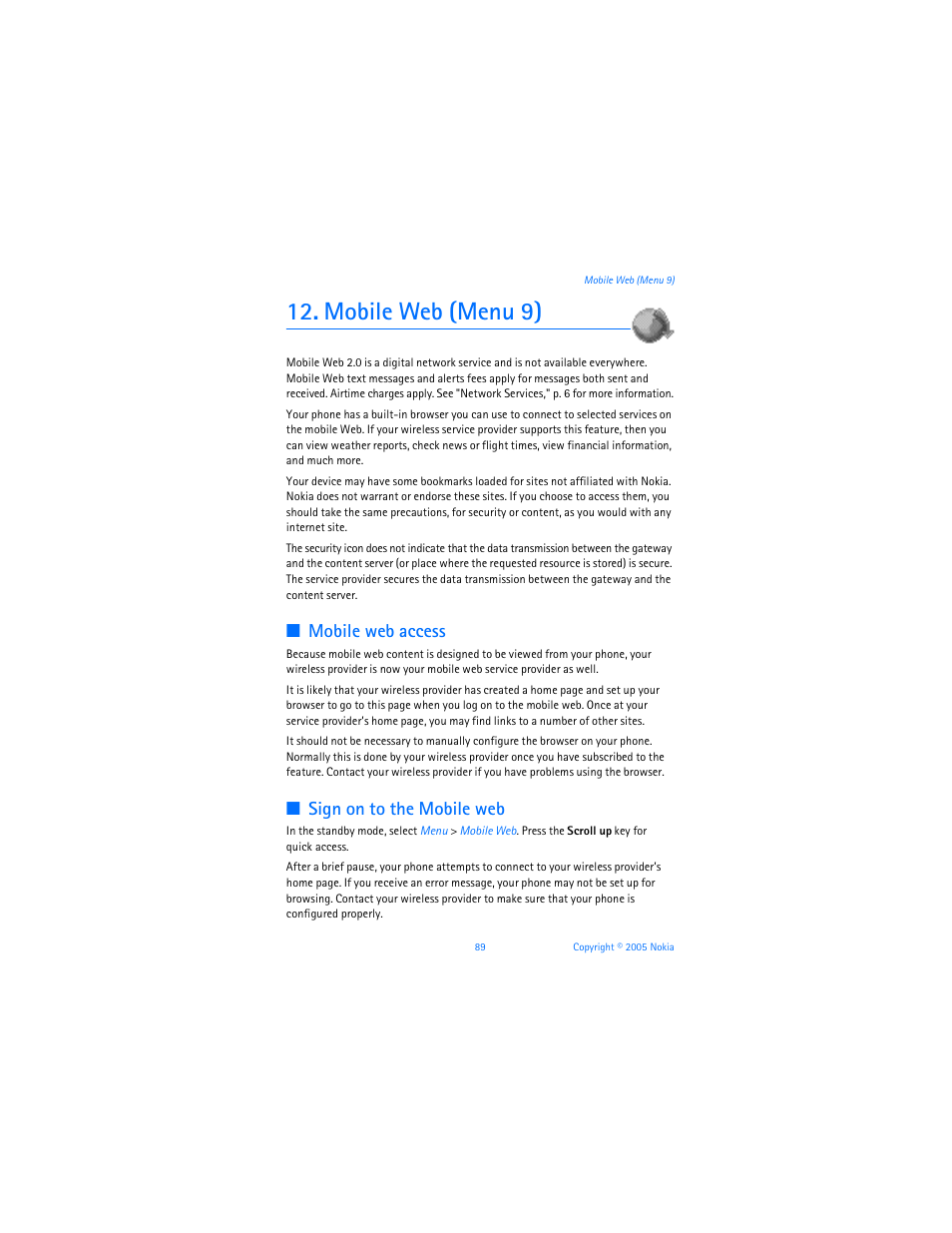 Mobile web (menu 9), Mobile web access, Sign on to the mobile web | Nokia 6256i User Manual | Page 90 / 123
