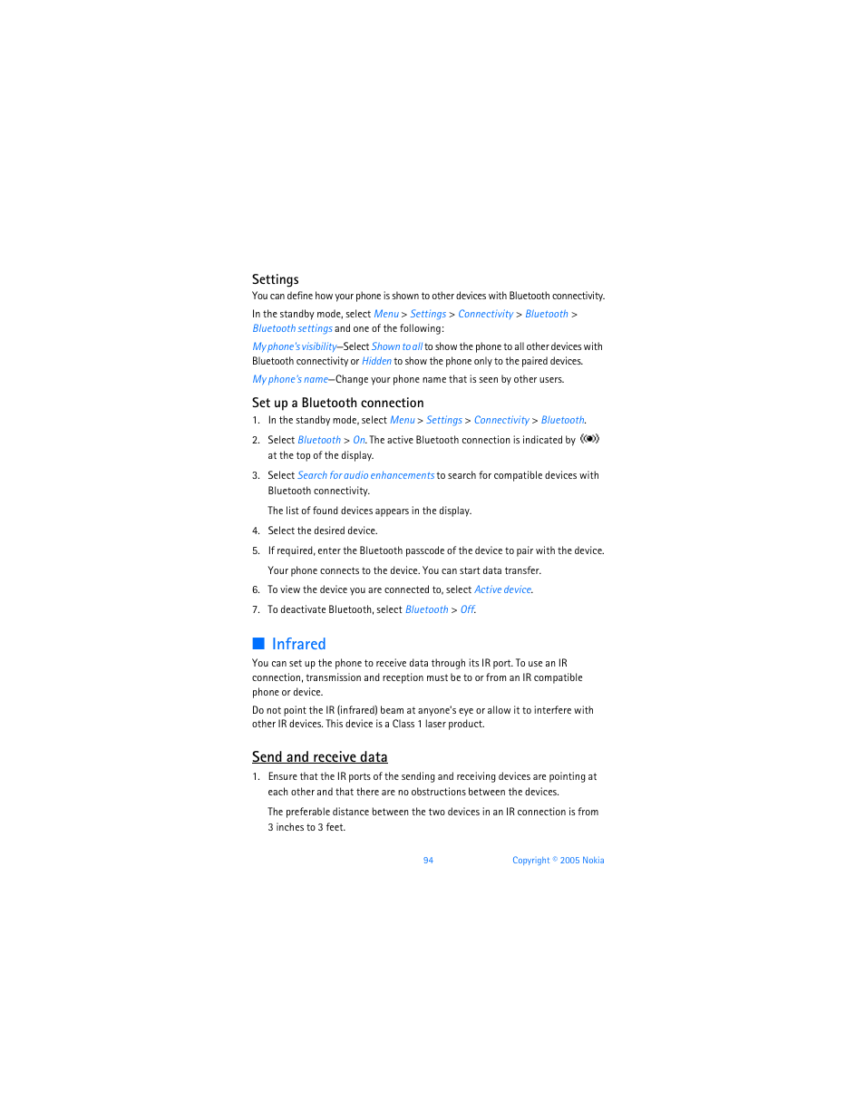 Infrared, Send and receive data | Nokia 6256i User Manual | Page 95 / 123