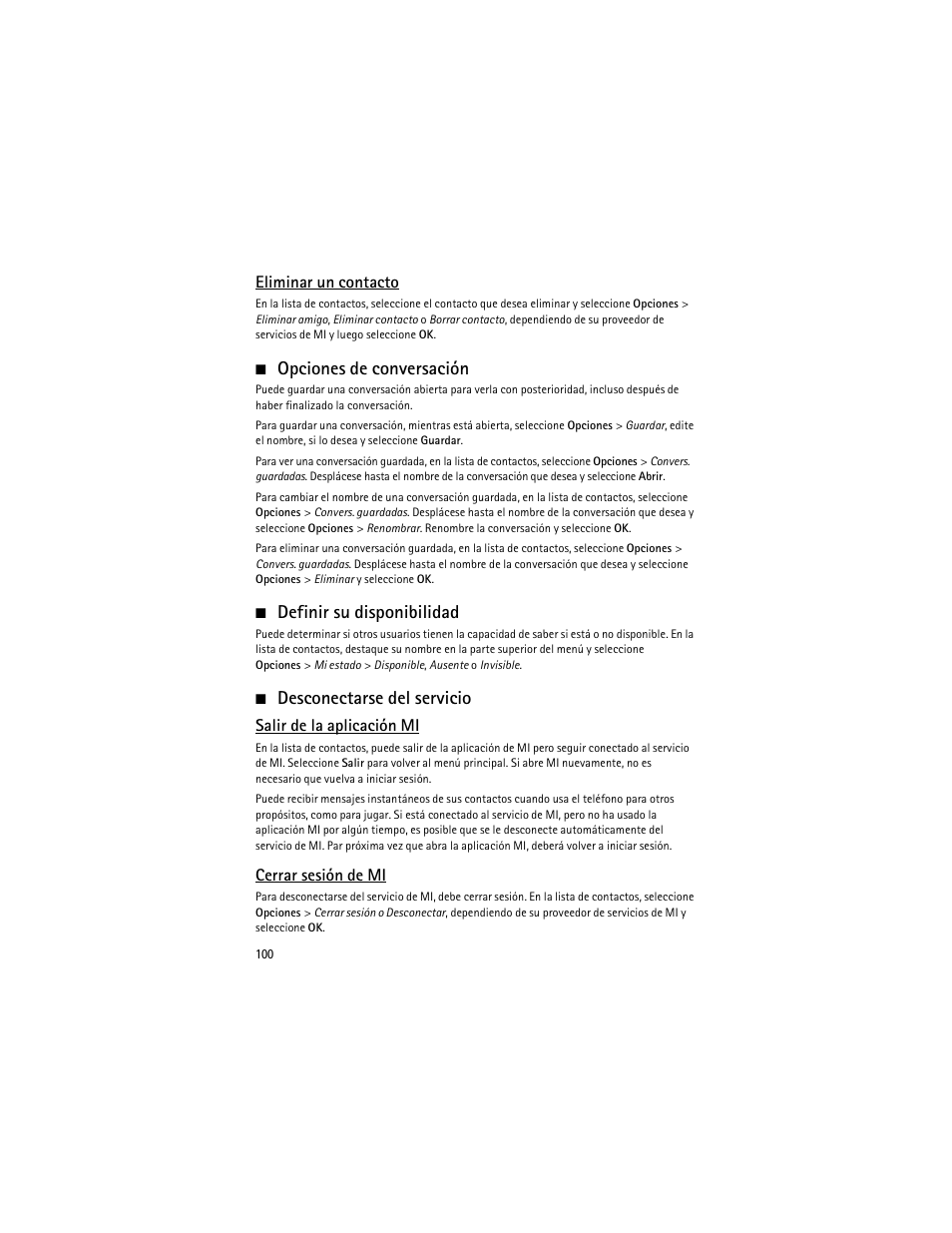 Opciones de conversación, Definir su disponibilidad, Desconectarse del servicio | Nokia 6263 User Manual | Page 101 / 153