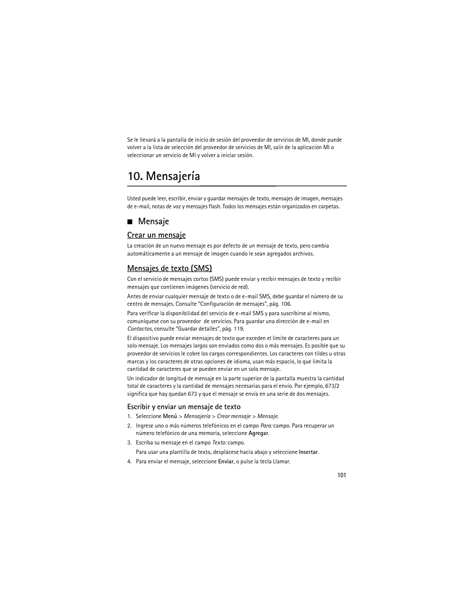 Mensajería, Mensaje | Nokia 6263 User Manual | Page 102 / 153