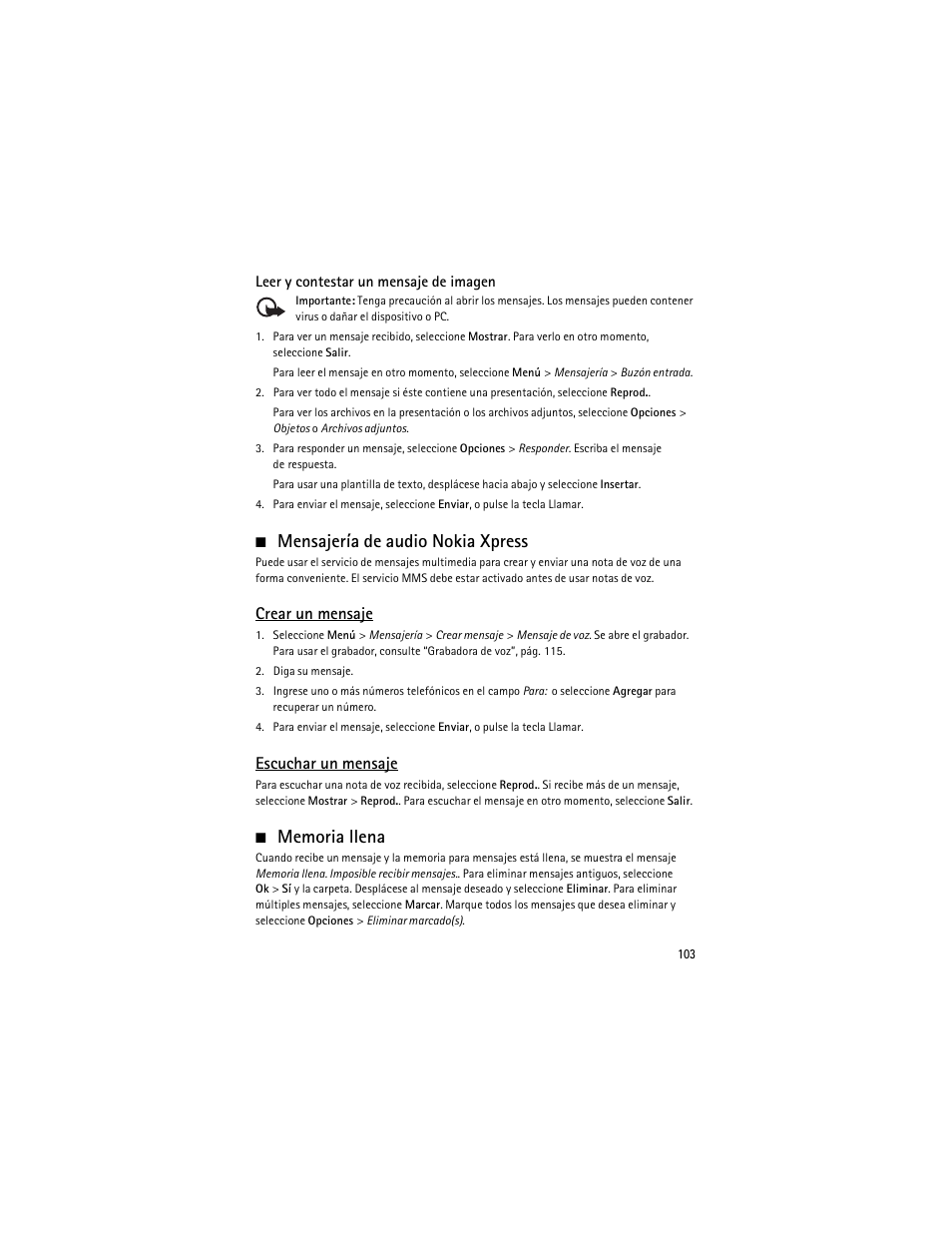 Mensajería de audio nokia xpress, Memoria llena, Mensajería de audio nokia xpress memoria llena | Crear un mensaje, Escuchar un mensaje | Nokia 6263 User Manual | Page 104 / 153