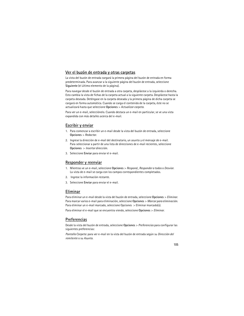 Ver el buzón de entrada y otras carpetas, Escribir y enviar, Responder y reenviar | Eliminar, Preferencias | Nokia 6263 User Manual | Page 106 / 153