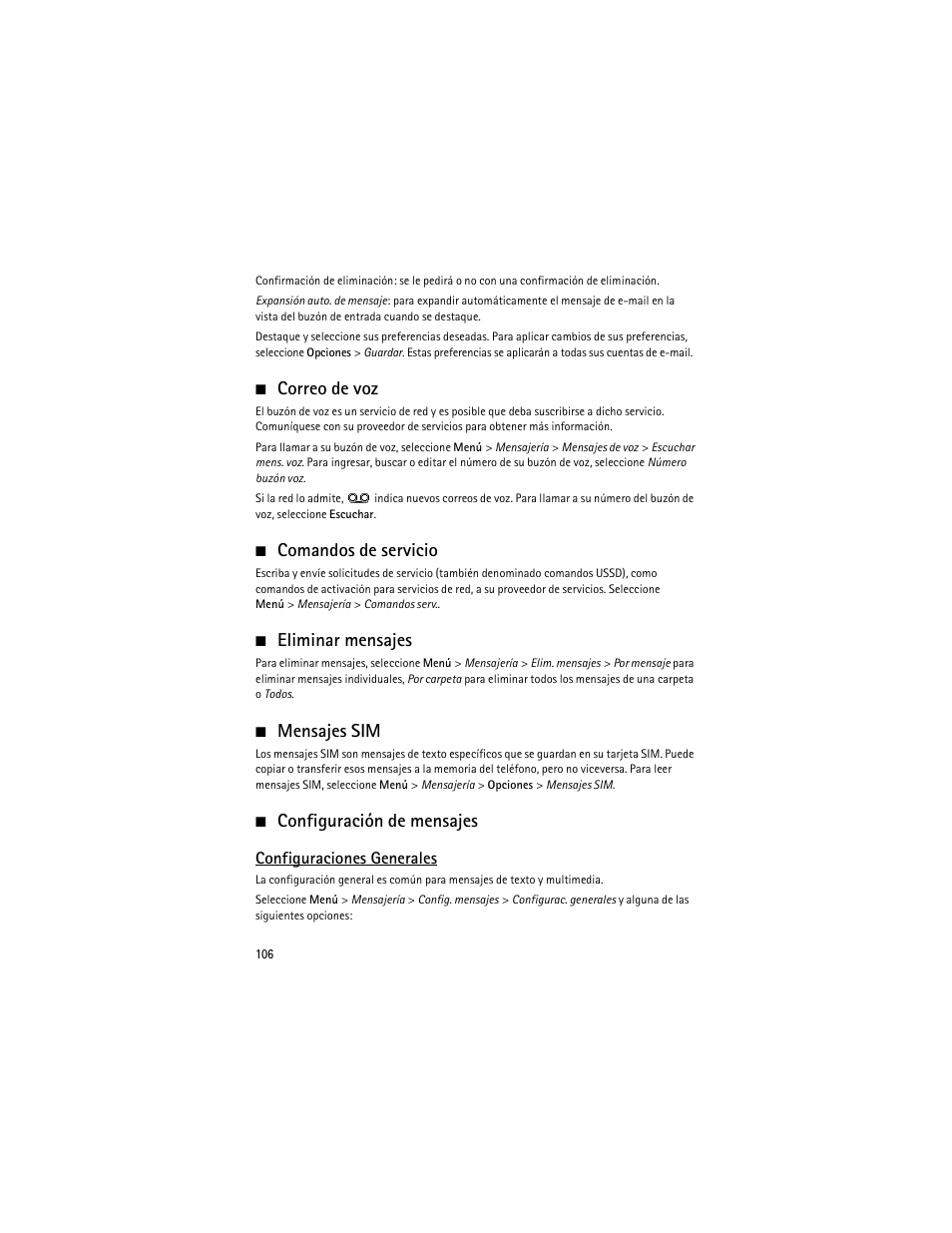 Correo de voz, Comandos de servicio, Eliminar mensajes | Mensajes sim, Configuración de mensajes, Configuración de mensajes”, pá | Nokia 6263 User Manual | Page 107 / 153