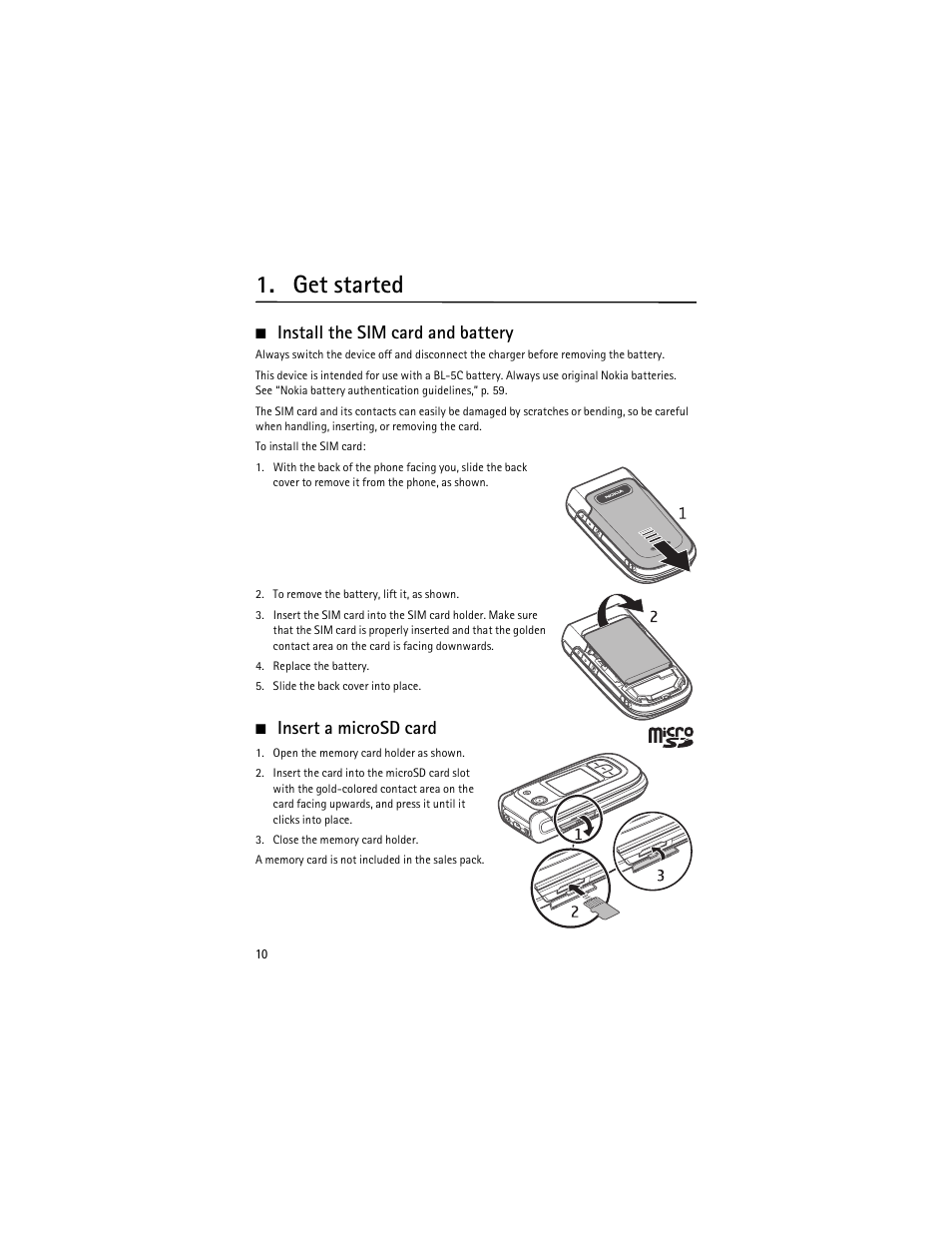 Get started, Install the sim card and battery, Insert a microsd card | Nokia 6263 User Manual | Page 11 / 153