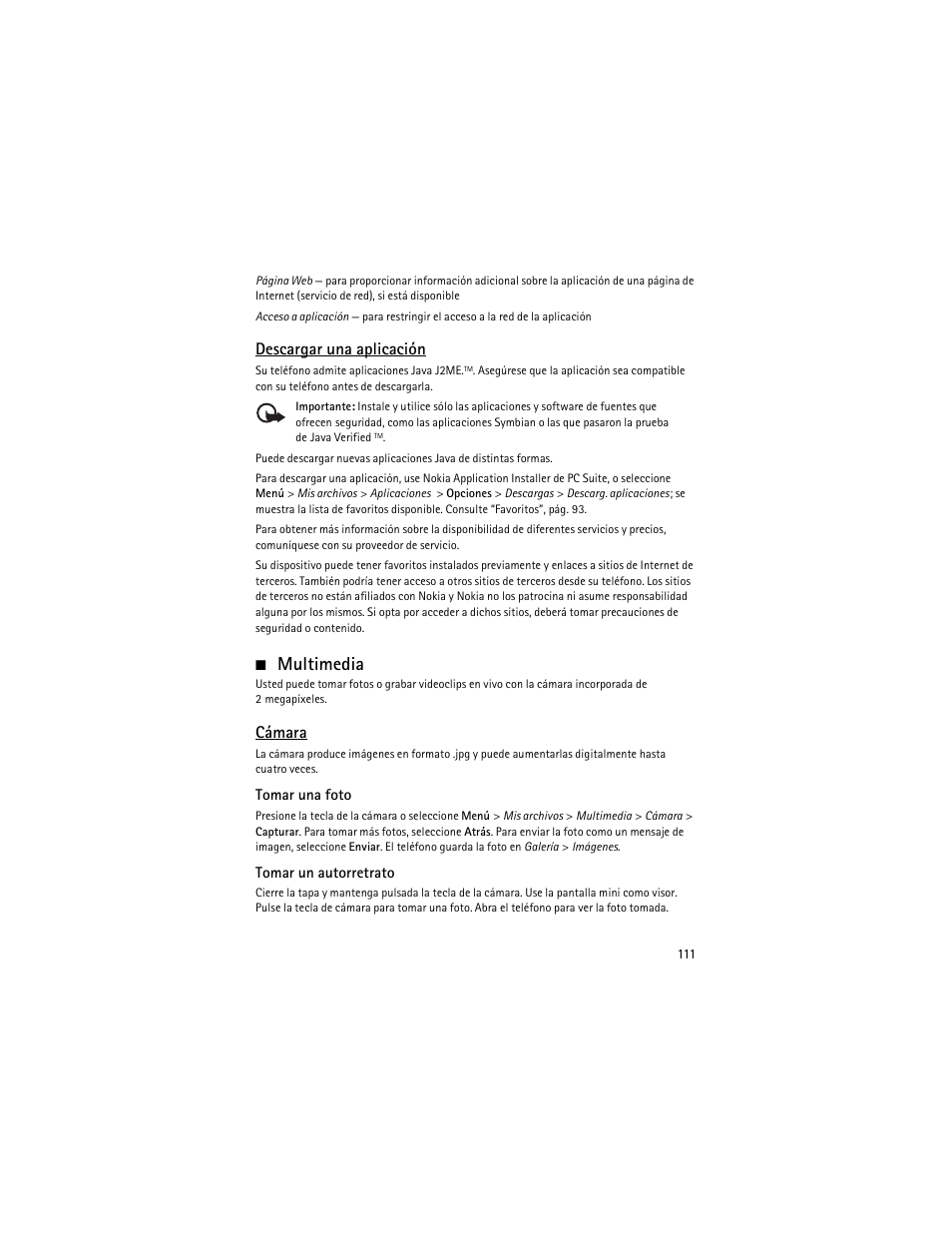 Multimedia, Descargar una aplicación, Cámara | Nokia 6263 User Manual | Page 112 / 153