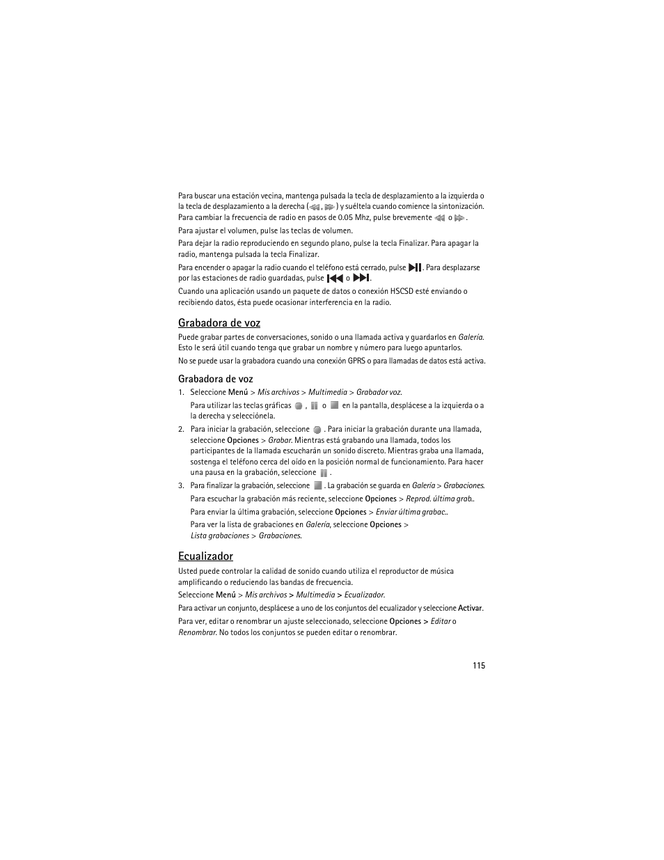 Grabadora de voz, Ecualizador | Nokia 6263 User Manual | Page 116 / 153