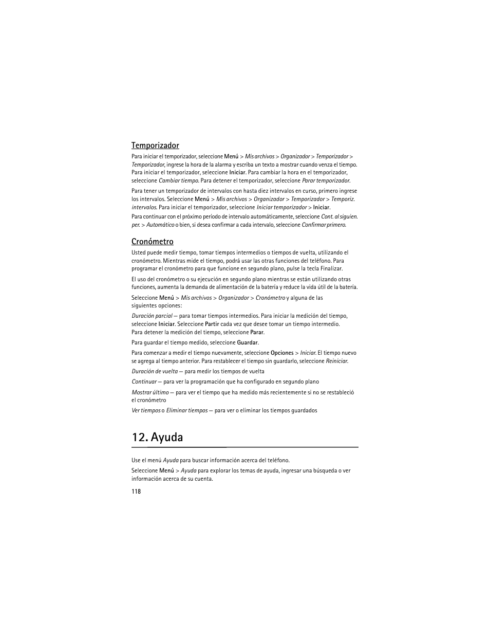 Ayuda, Temporizador, Cronómetro | Nokia 6263 User Manual | Page 119 / 153