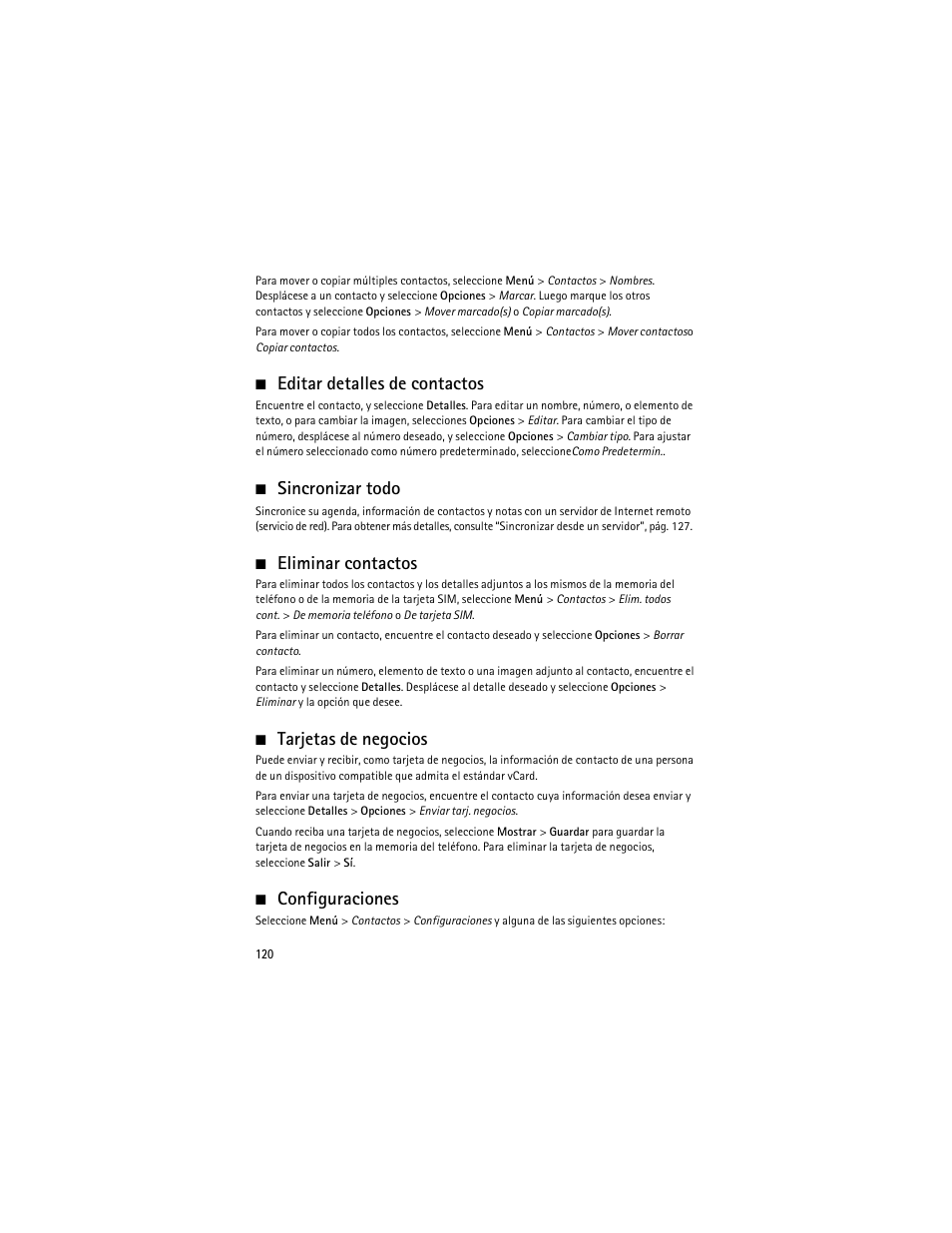 Editar detalles de contactos, Sincronizar todo, Eliminar contactos | Tarjetas de negocios, Configuraciones | Nokia 6263 User Manual | Page 121 / 153