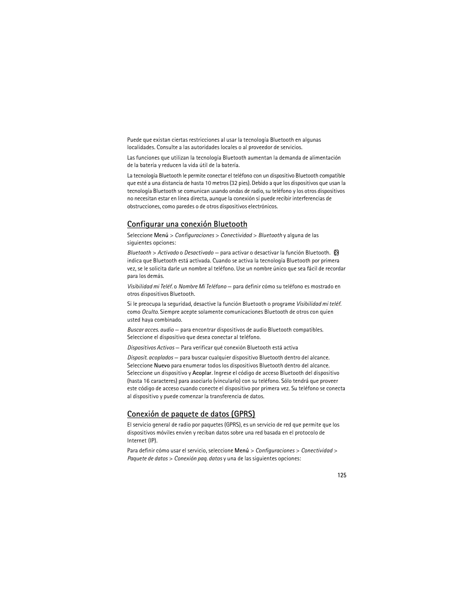 Configurar una conexión bluetooth, Conexión de paquete de datos (gprs) | Nokia 6263 User Manual | Page 126 / 153