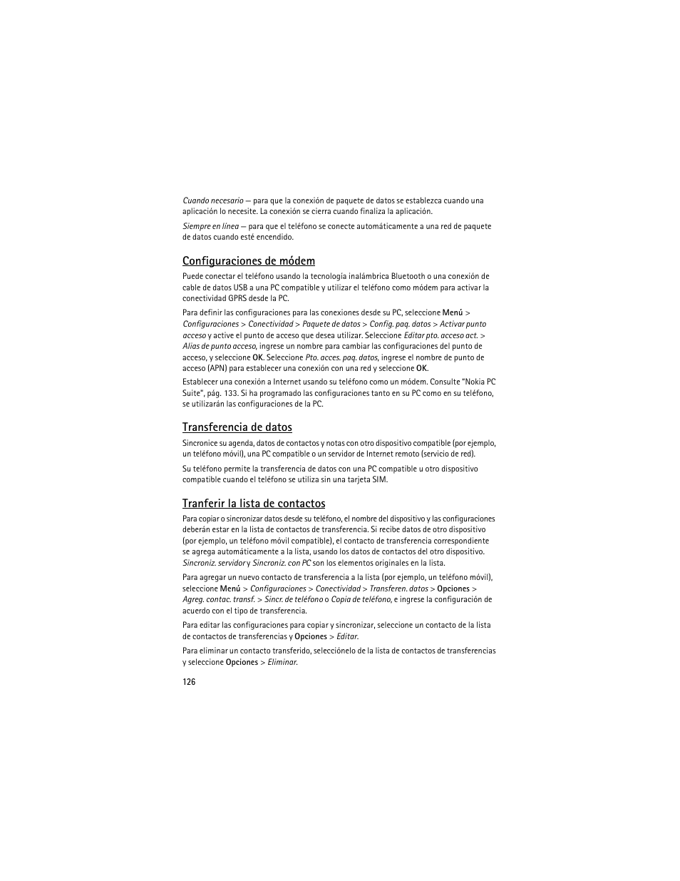 Configuraciones de módem, Transferencia de datos, Tranferir la lista de contactos | Nokia 6263 User Manual | Page 127 / 153