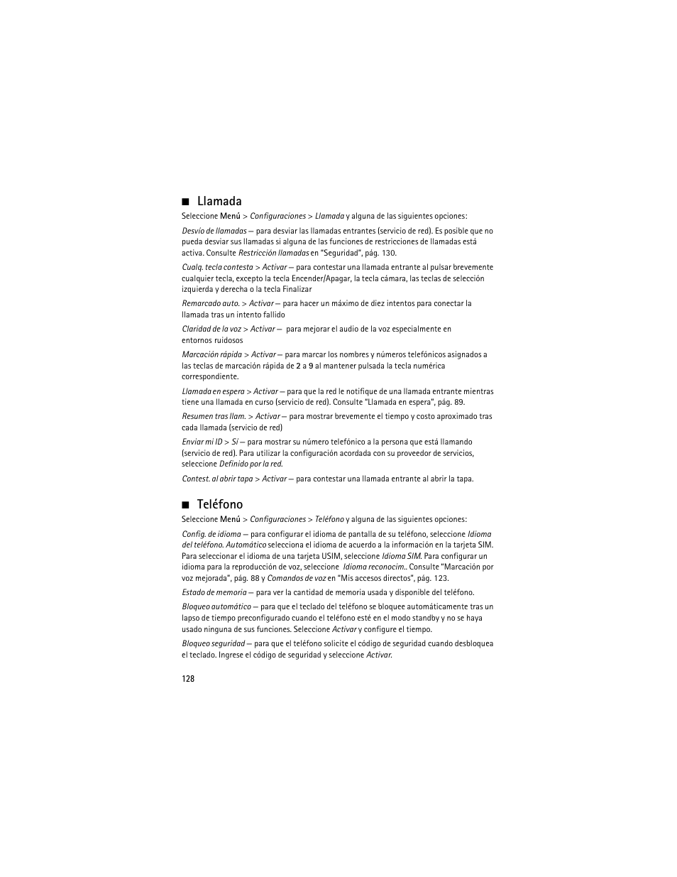 Llamada, Teléfono, Llamada teléfono | Llamada”, pág. 128, Teléfono”, pбg. 128 | Nokia 6263 User Manual | Page 129 / 153