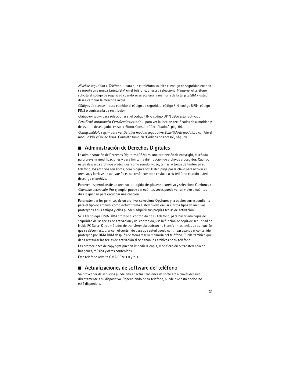 Administración de derechos digitales, Actualizaciones de software del teléfono | Nokia 6263 User Manual | Page 132 / 153