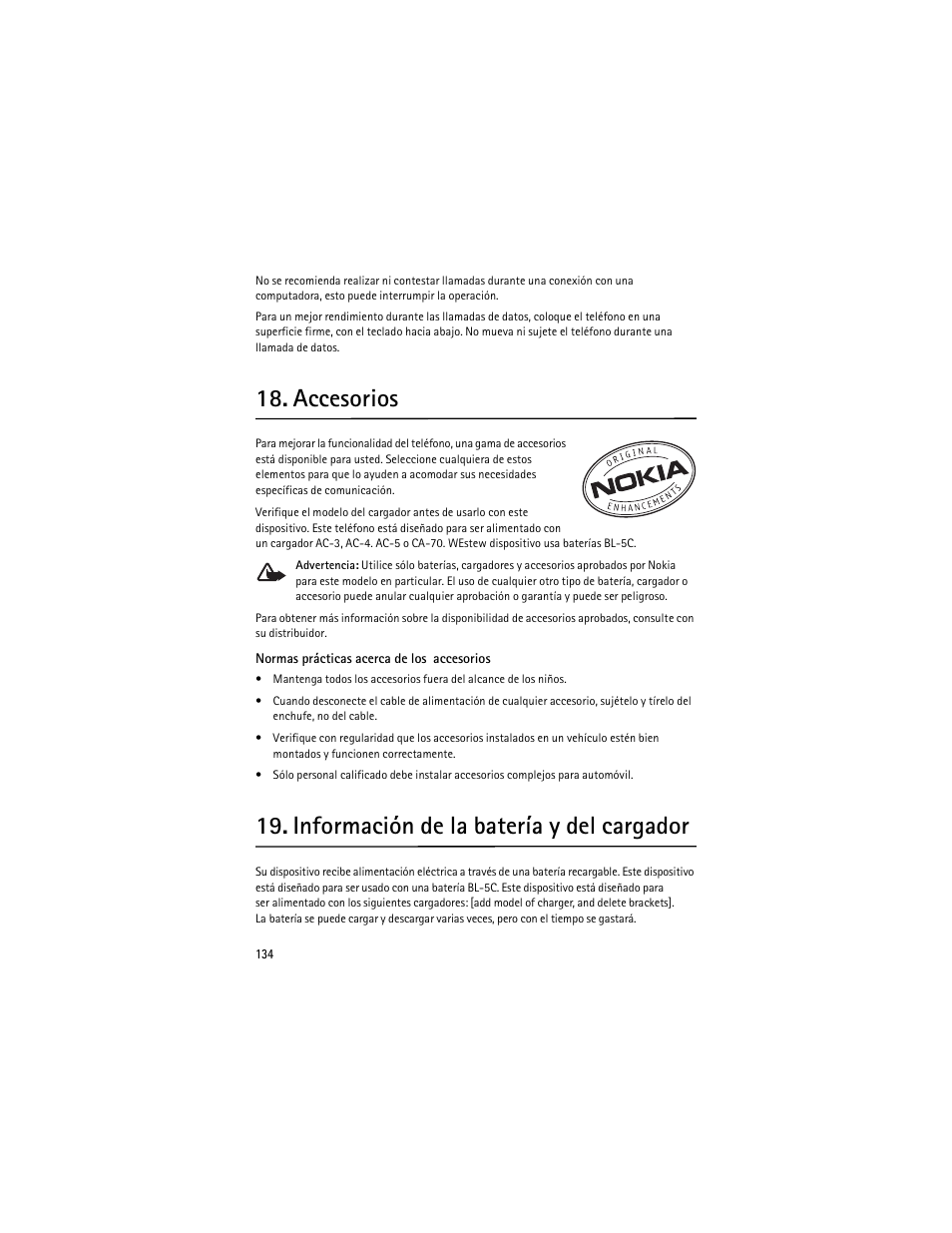 Accesorios, Información de la batería y del cargador | Nokia 6263 User Manual | Page 135 / 153