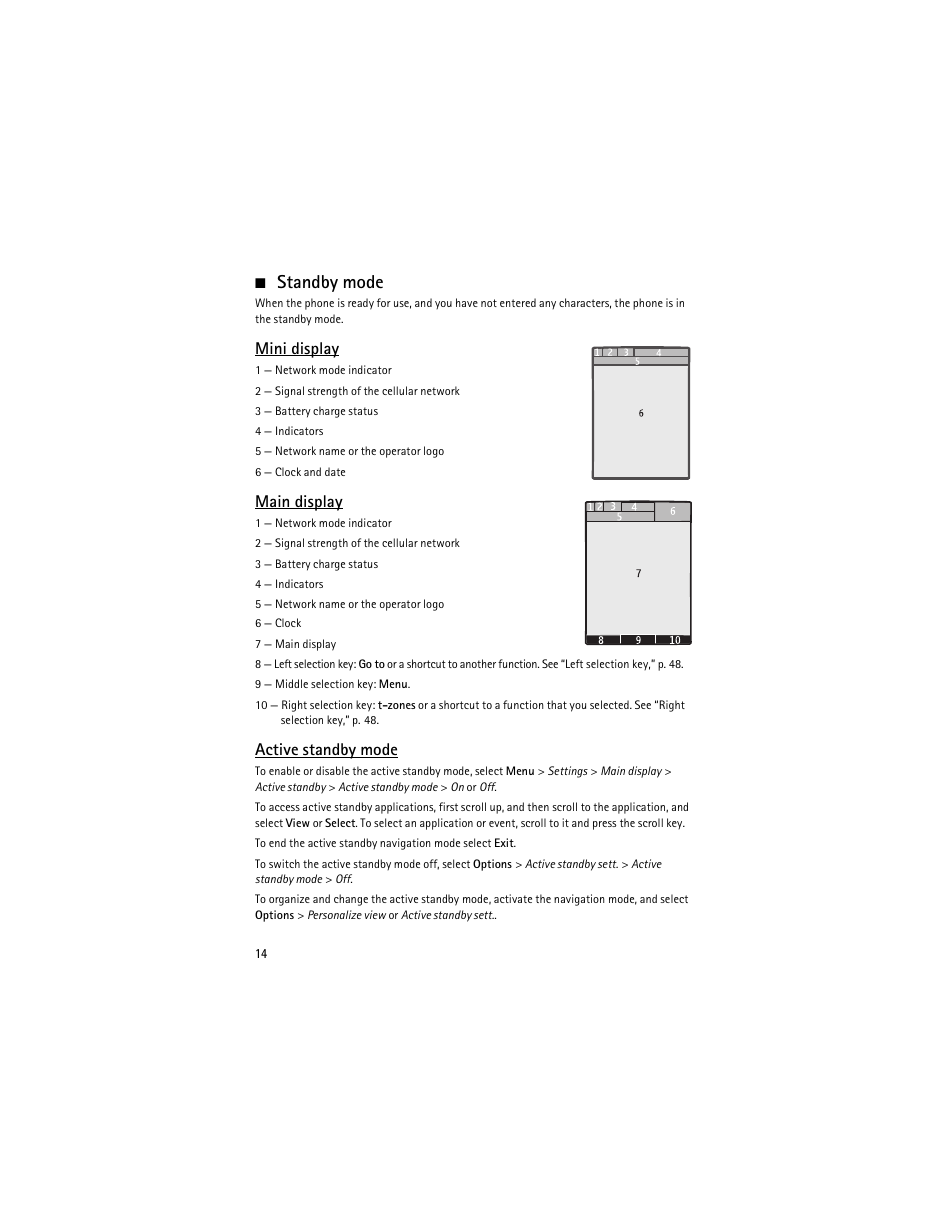 Standby mode, Mini display, Main display | Active standby mode | Nokia 6263 User Manual | Page 15 / 153