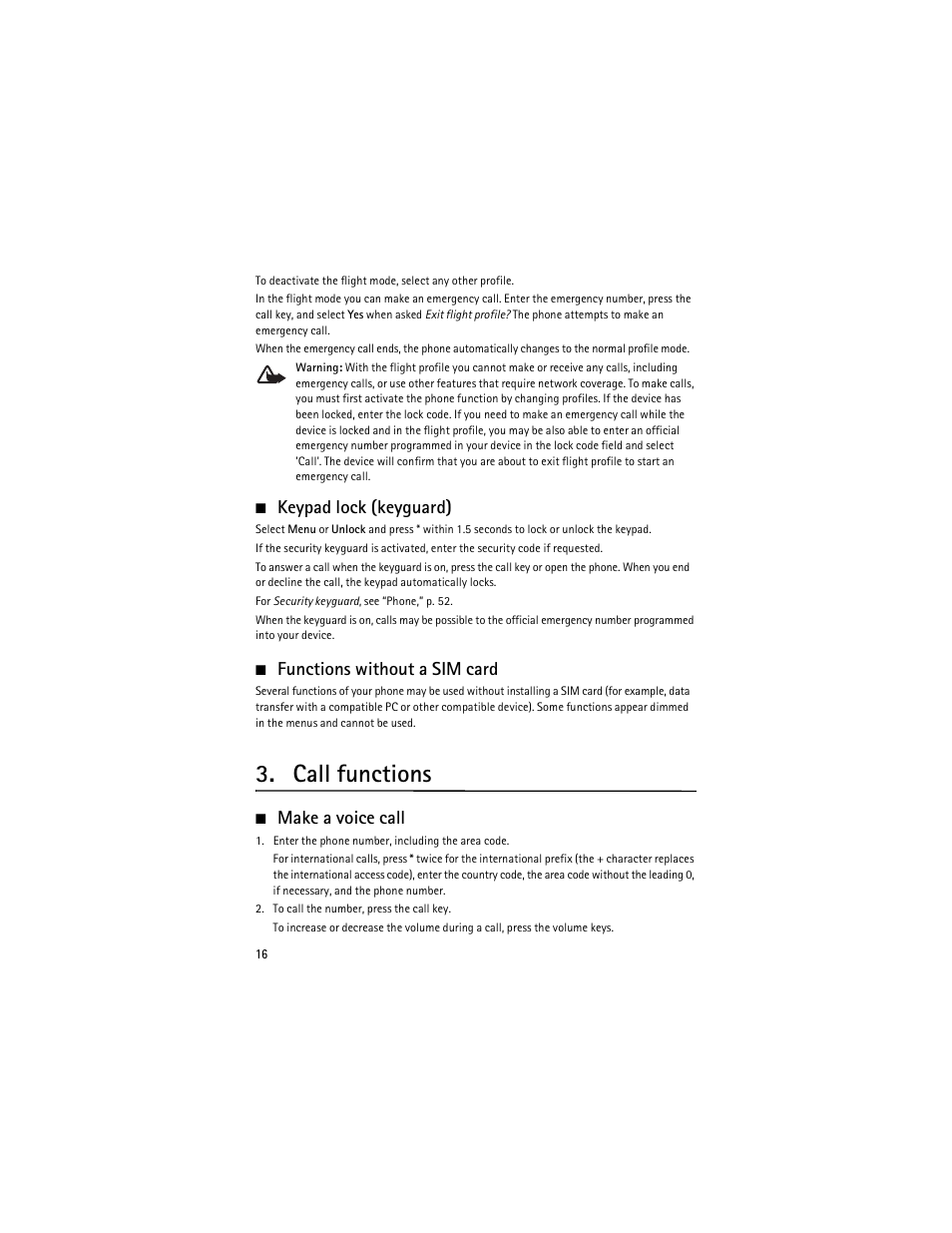 Keypad lock (keyguard), Functions without a sim card, Call functions | Make a voice call | Nokia 6263 User Manual | Page 17 / 153