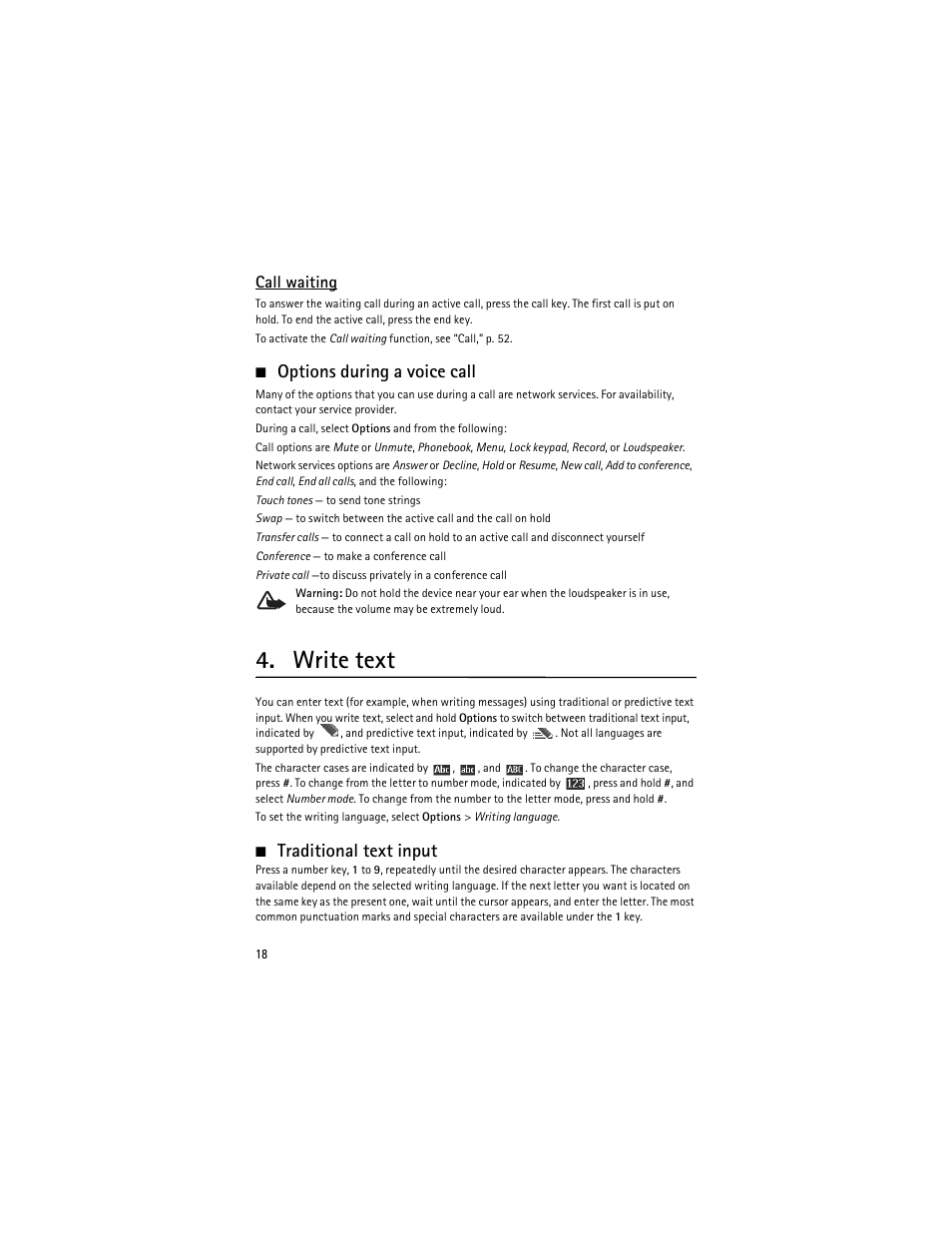 Options during a voice call, Write text, Traditional text input | Call waiting | Nokia 6263 User Manual | Page 19 / 153