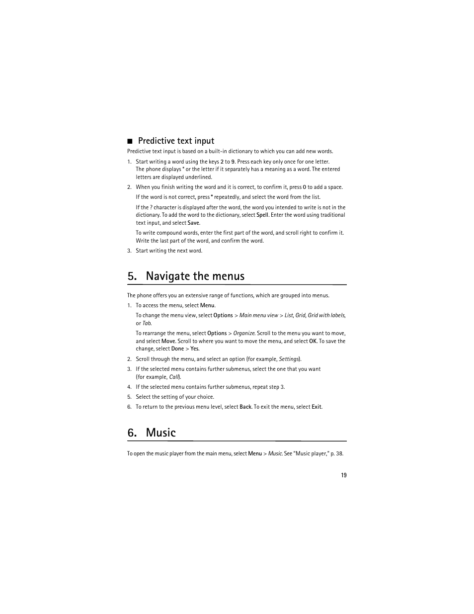 Predictive text input, Navigate the menus, Music | Nokia 6263 User Manual | Page 20 / 153