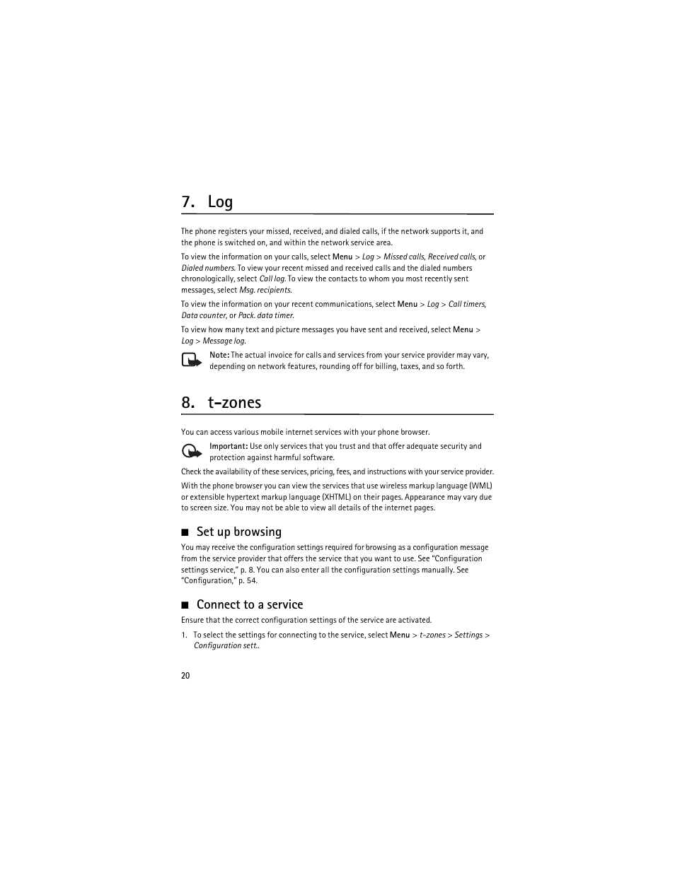 T-zones, Set up browsing, Connect to a service | Nokia 6263 User Manual | Page 21 / 153