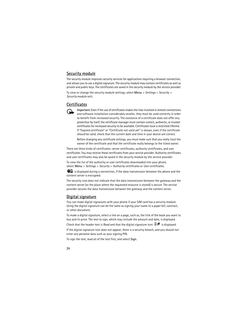 Security module,” p. 24, Digital signature, Security module | Certificates | Nokia 6263 User Manual | Page 25 / 153