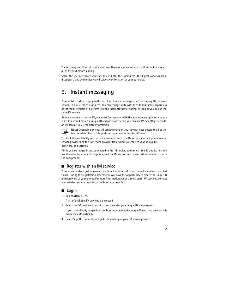Instant messaging, Register with an im service, Login | Register with an im service login | Nokia 6263 User Manual | Page 26 / 153