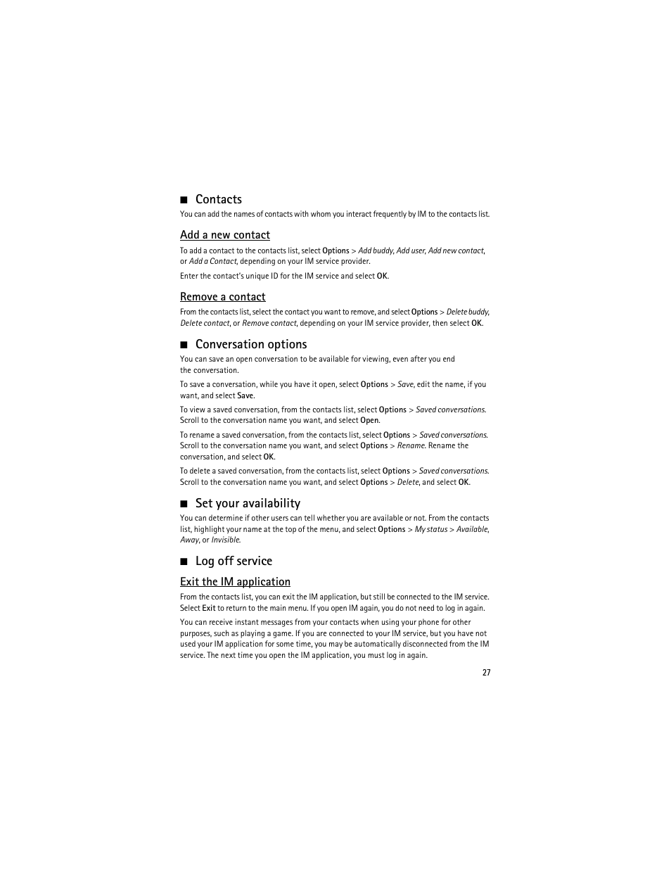 Contacts, Conversation options, Set your availability | Log off service | Nokia 6263 User Manual | Page 28 / 153