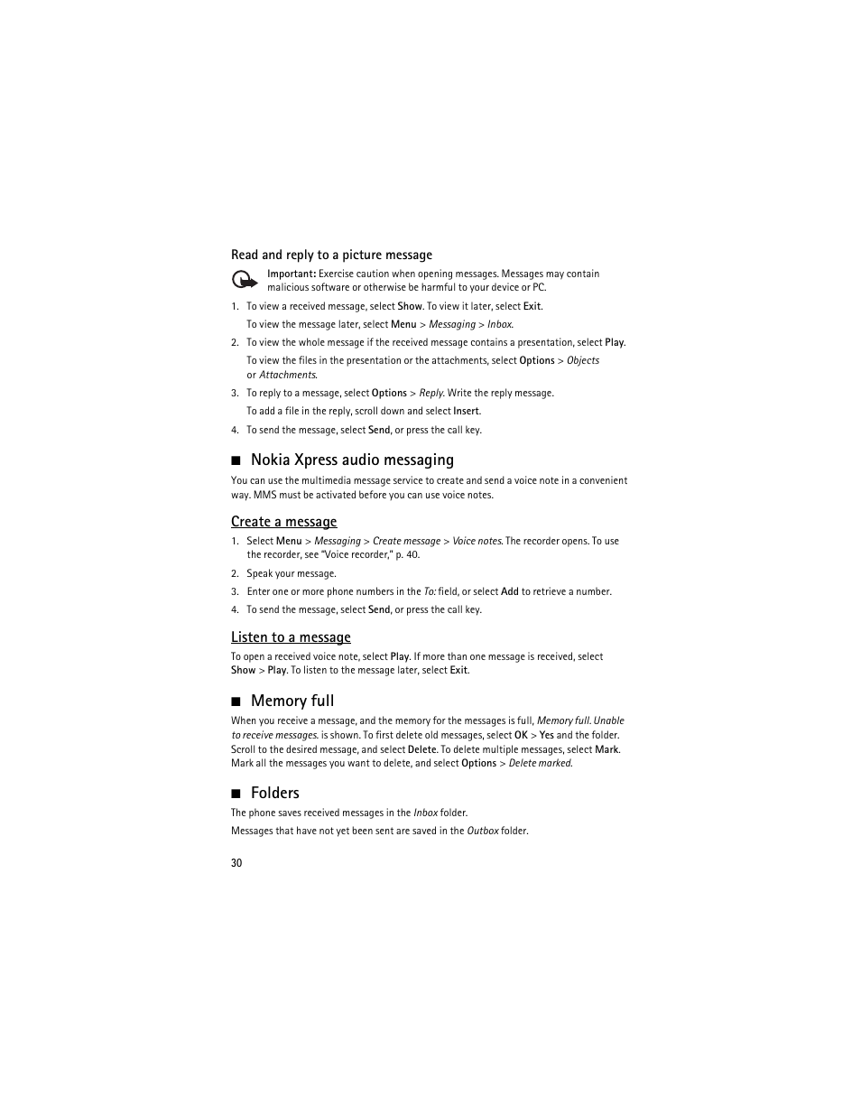 Nokia xpress audio messaging, Memory full, Folders | Nokia xpress audio messaging memory full folders, Create a message, Listen to a message | Nokia 6263 User Manual | Page 31 / 153