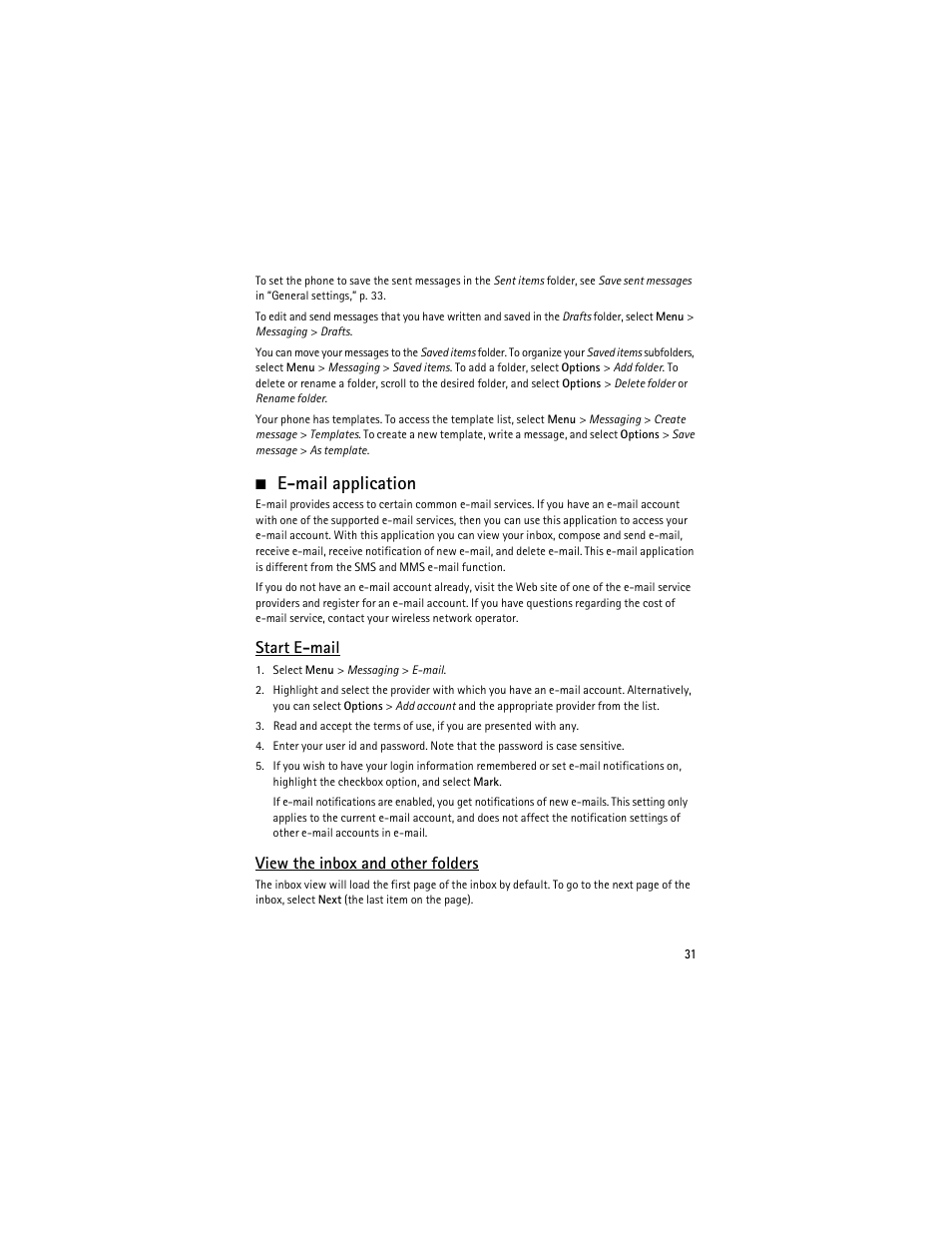 E-mail application, Start e-mail, View the inbox and other folders | Nokia 6263 User Manual | Page 32 / 153