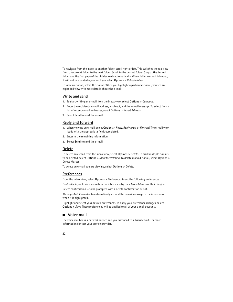 Voice mail, Write and send, Reply and forward | Delete, Preferences | Nokia 6263 User Manual | Page 33 / 153