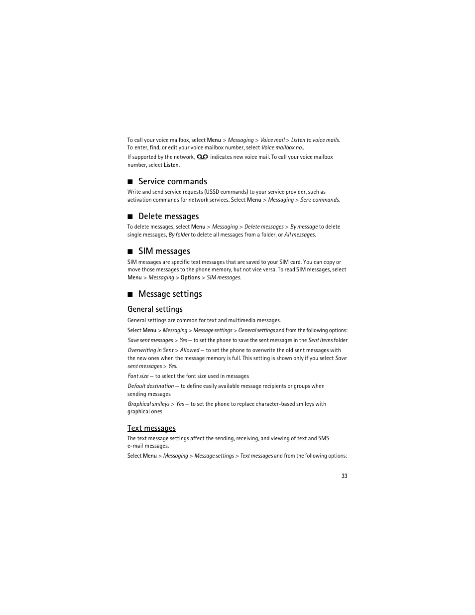 Service commands, Delete messages, Sim messages | Message settings, E “message settings,” p | Nokia 6263 User Manual | Page 34 / 153