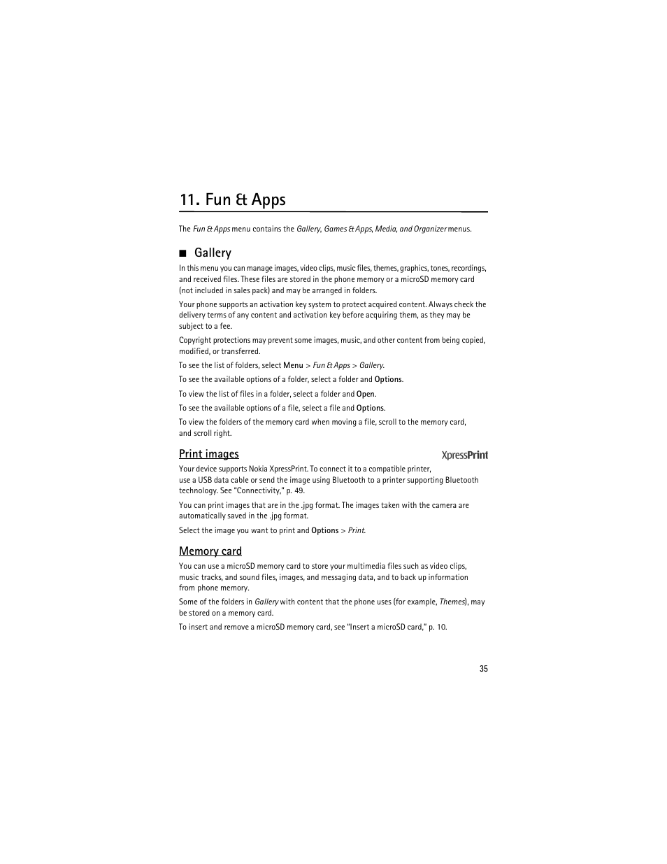 Fun & apps, Gallery, Print images | Nokia 6263 User Manual | Page 36 / 153