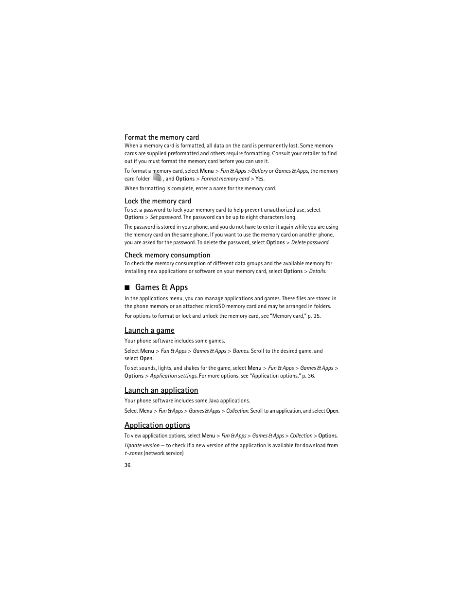 Games & apps, Launch a game, Launch an application | Application options | Nokia 6263 User Manual | Page 37 / 153