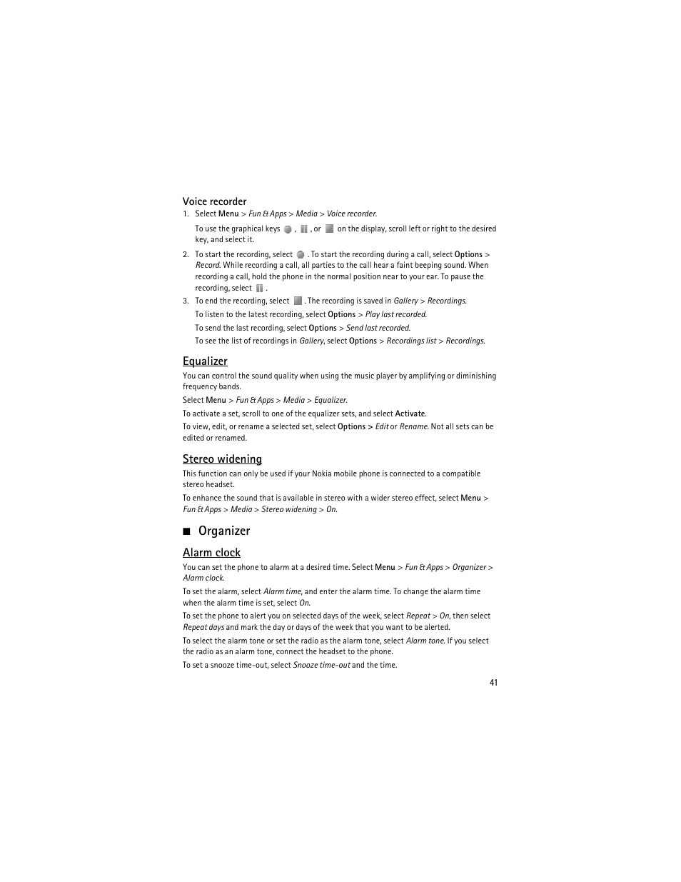 Organizer, Equalizer, Stereo widening | Alarm clock | Nokia 6263 User Manual | Page 42 / 153