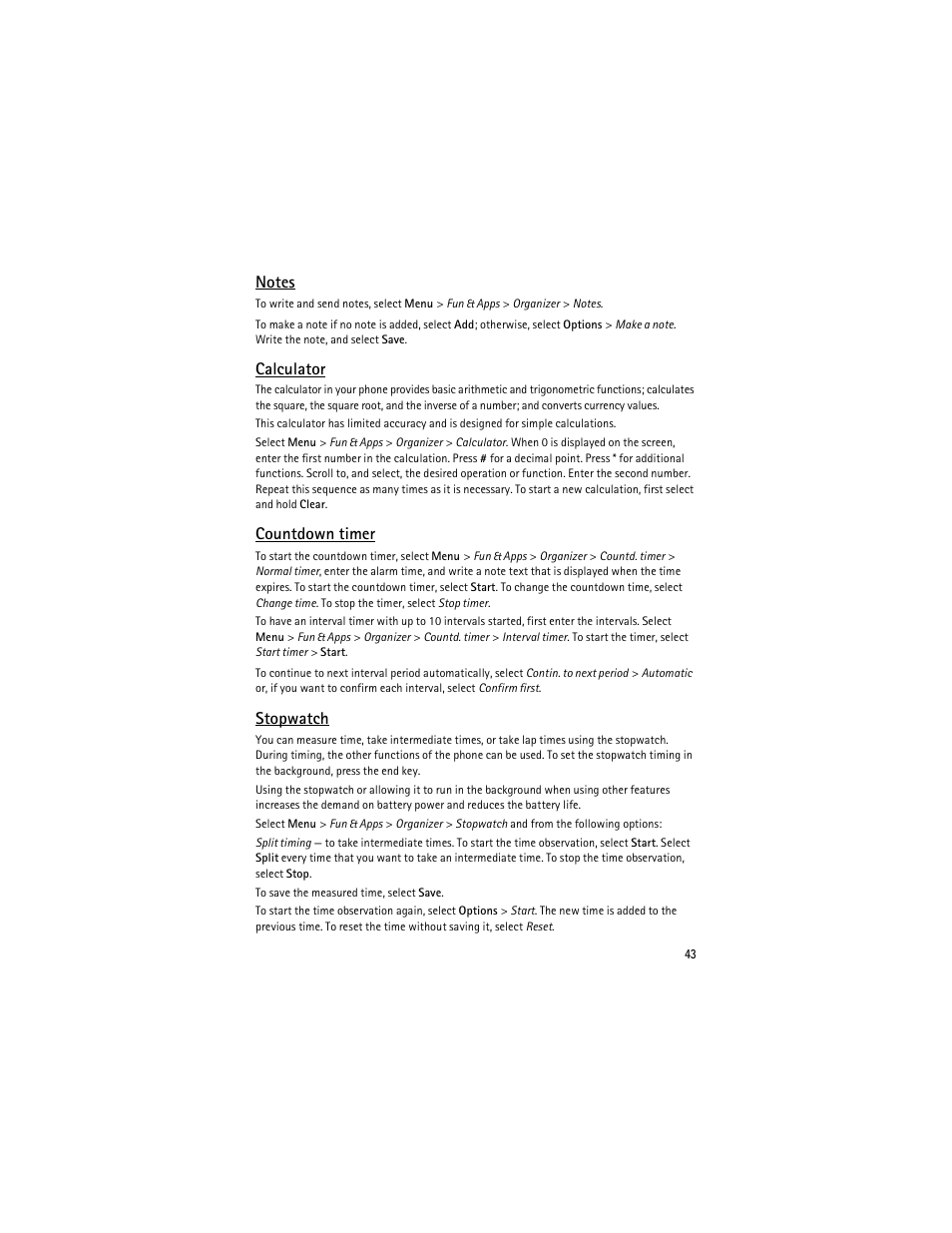 Calculator, Countdown timer, Stopwatch | Nokia 6263 User Manual | Page 44 / 153