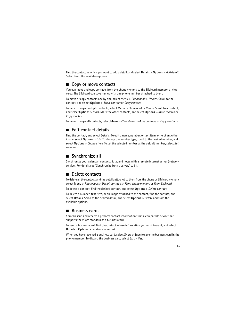 Copy or move contacts, Edit contact details, Synchronize all | Delete contacts, Business cards | Nokia 6263 User Manual | Page 46 / 153