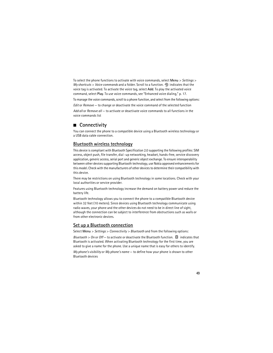 Connectivity, Bluetooth wireless technology, Set up a bluetooth connection | Nokia 6263 User Manual | Page 50 / 153