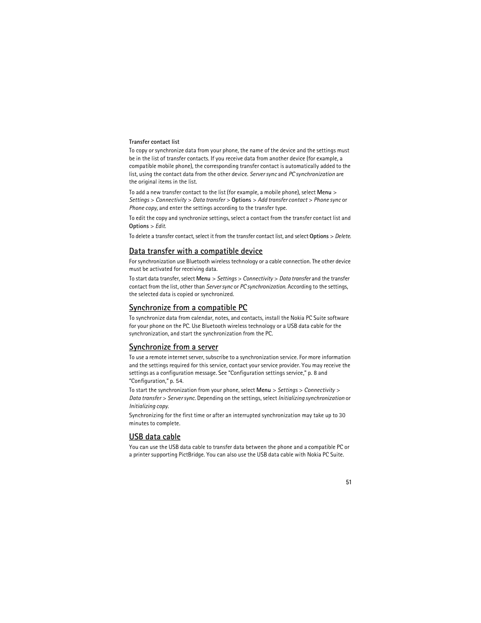Data transfer with a compatible device, Synchronize from a compatible pc, Synchronize from a server | Usb data cable | Nokia 6263 User Manual | Page 52 / 153