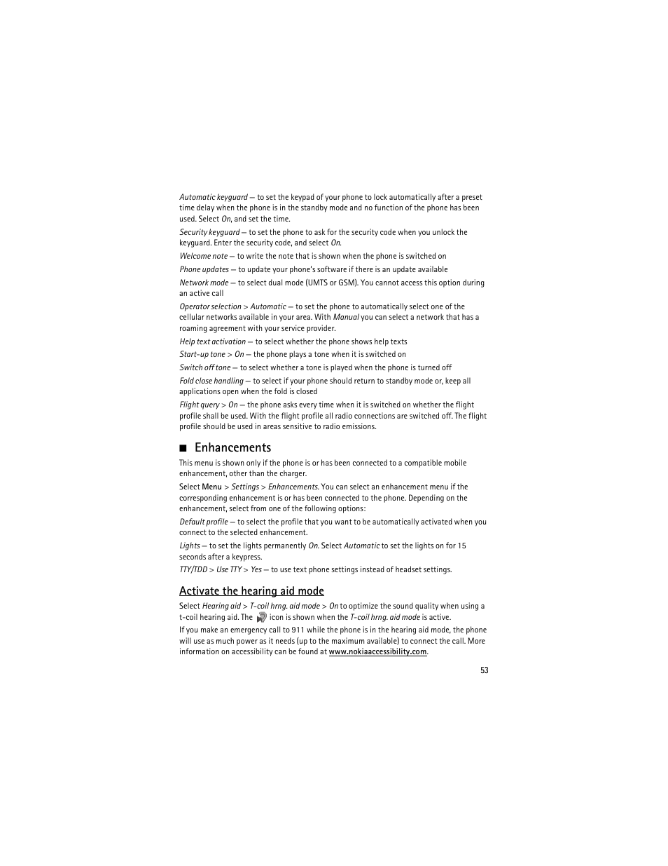 Enhancements, Activate the hearing aid mode | Nokia 6263 User Manual | Page 54 / 153