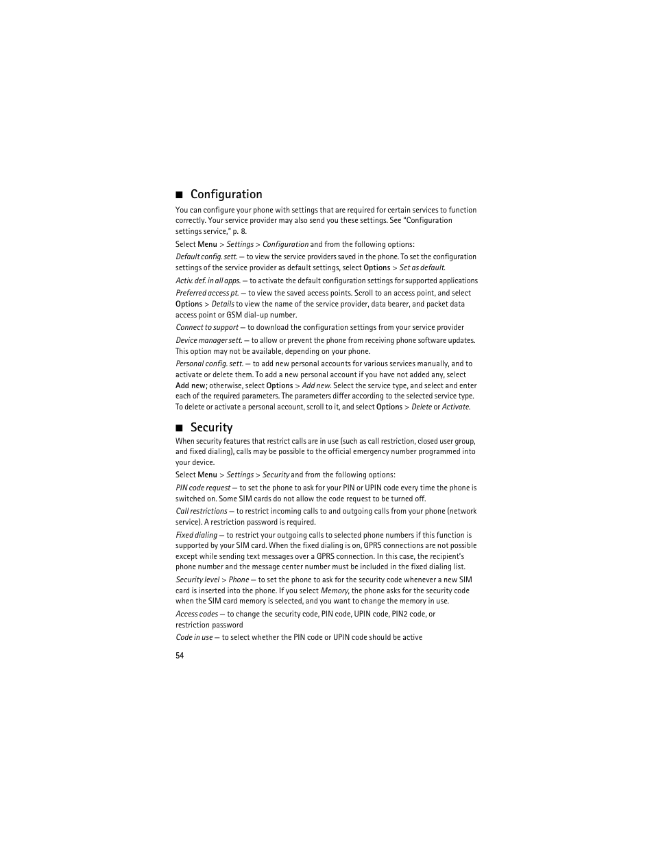 Configuration, Security, E “security,” p | Security,” p | Nokia 6263 User Manual | Page 55 / 153