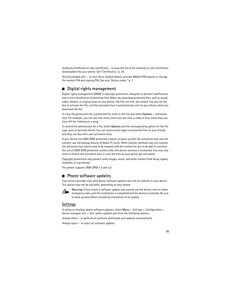 Digital rights management, Phone software updates, Digital rights management phone software updates | Settings | Nokia 6263 User Manual | Page 56 / 153