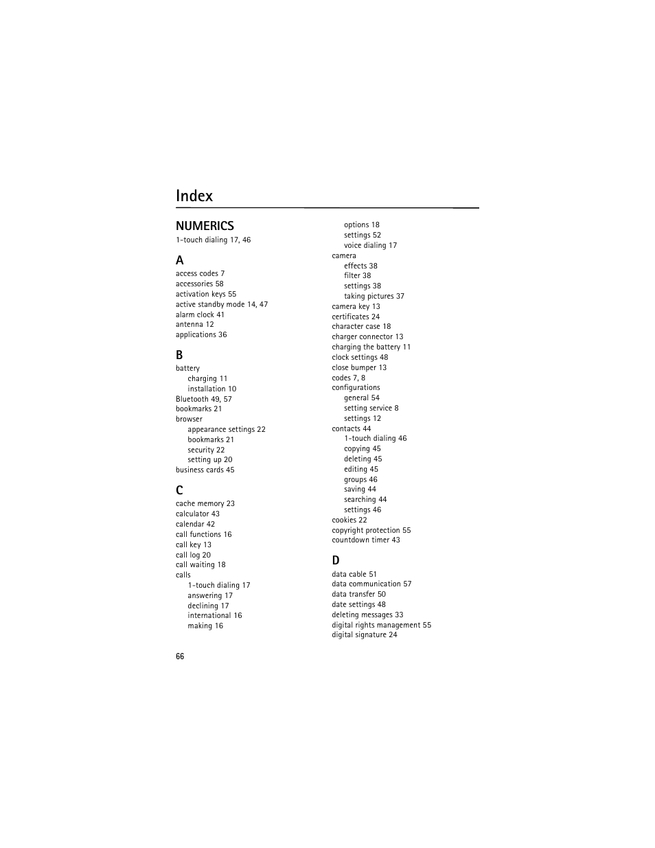 Index, Numerics | Nokia 6263 User Manual | Page 67 / 153